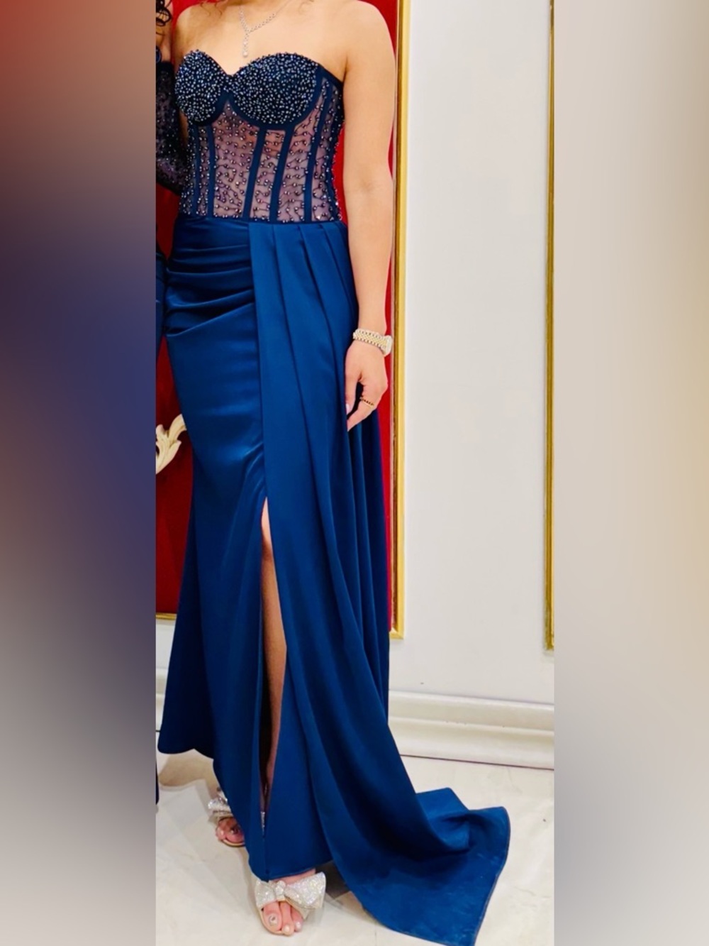 Elegant Navy Blue Evening Gown with Front Slit